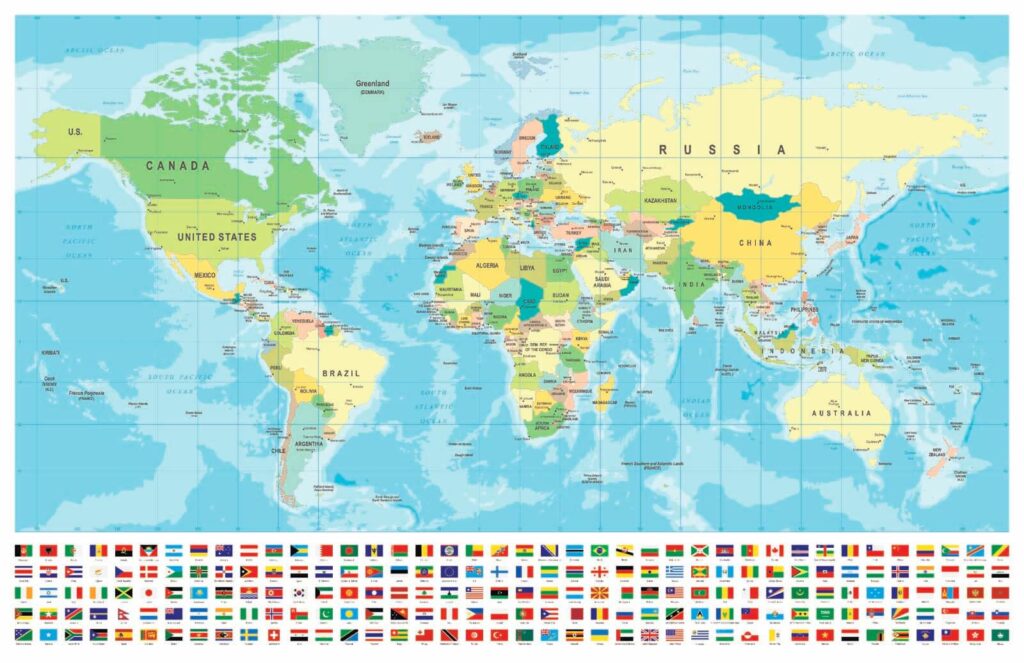 Mapa světa s různými vlajkami Mapa světa s různými vlajkami