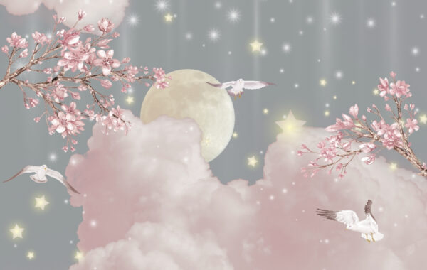 Měsíc a mraky s ptáky a hvězdami Měsíc a mraky s ptáky a hvězdami