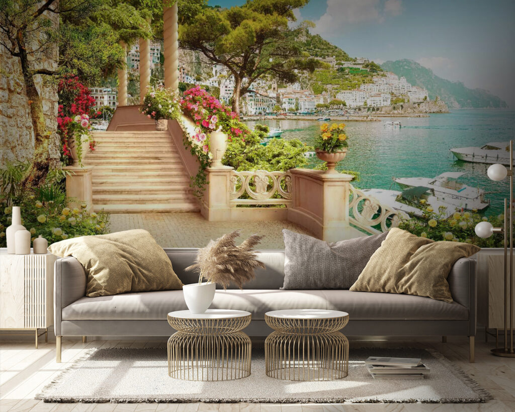 Stone staircase with flowers and trees on the side of the water Stone staircase with flowers and trees on the side of the water