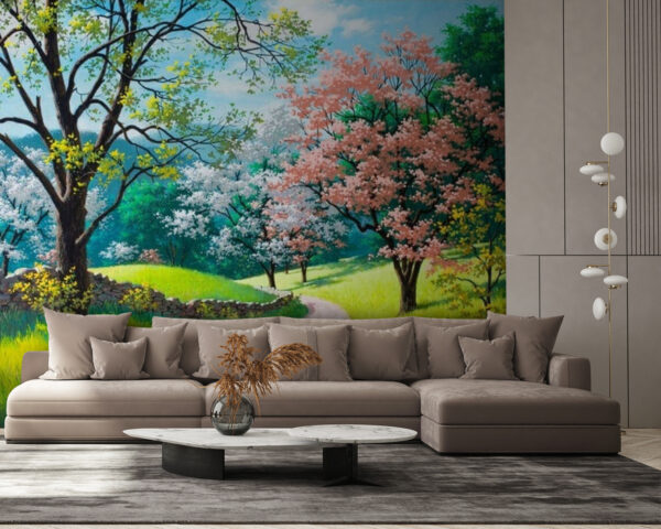 Wall murals Dirt road through a grassy field with trees Wall murals Dirt road through a grassy field with trees