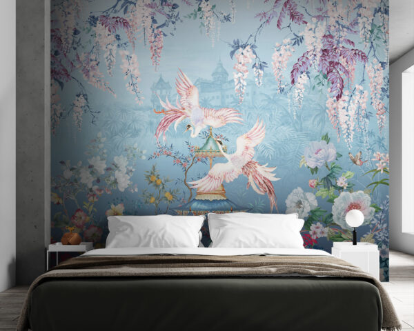 Obraz ptáků letících nad pagodou a květinami Fototapeta Obraz ptáků letících nad pagodou a květinami