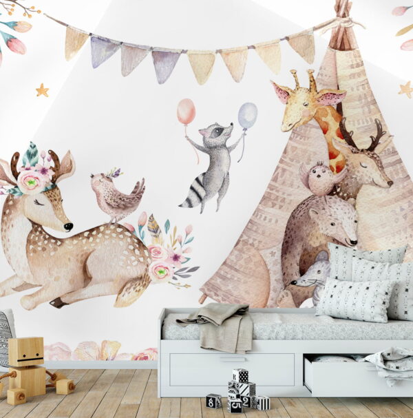 Skupina zvířat s teepee Fototapeta Skupina zvířat s teepee