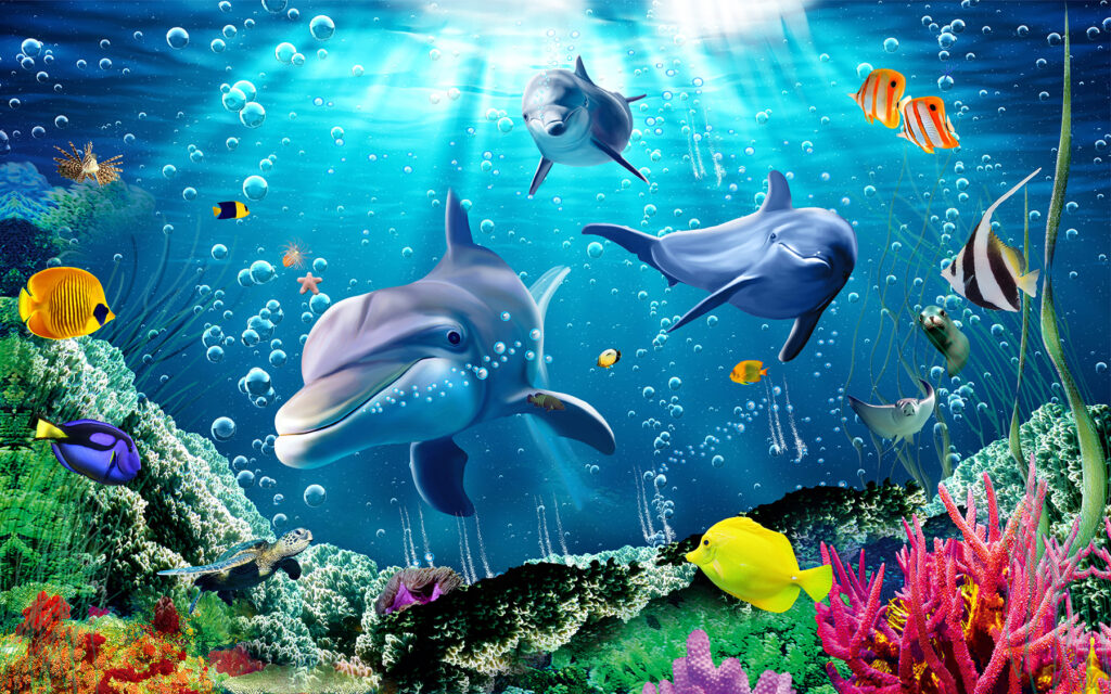 Group of dolphins swimming in water Group of dolphins swimming in water