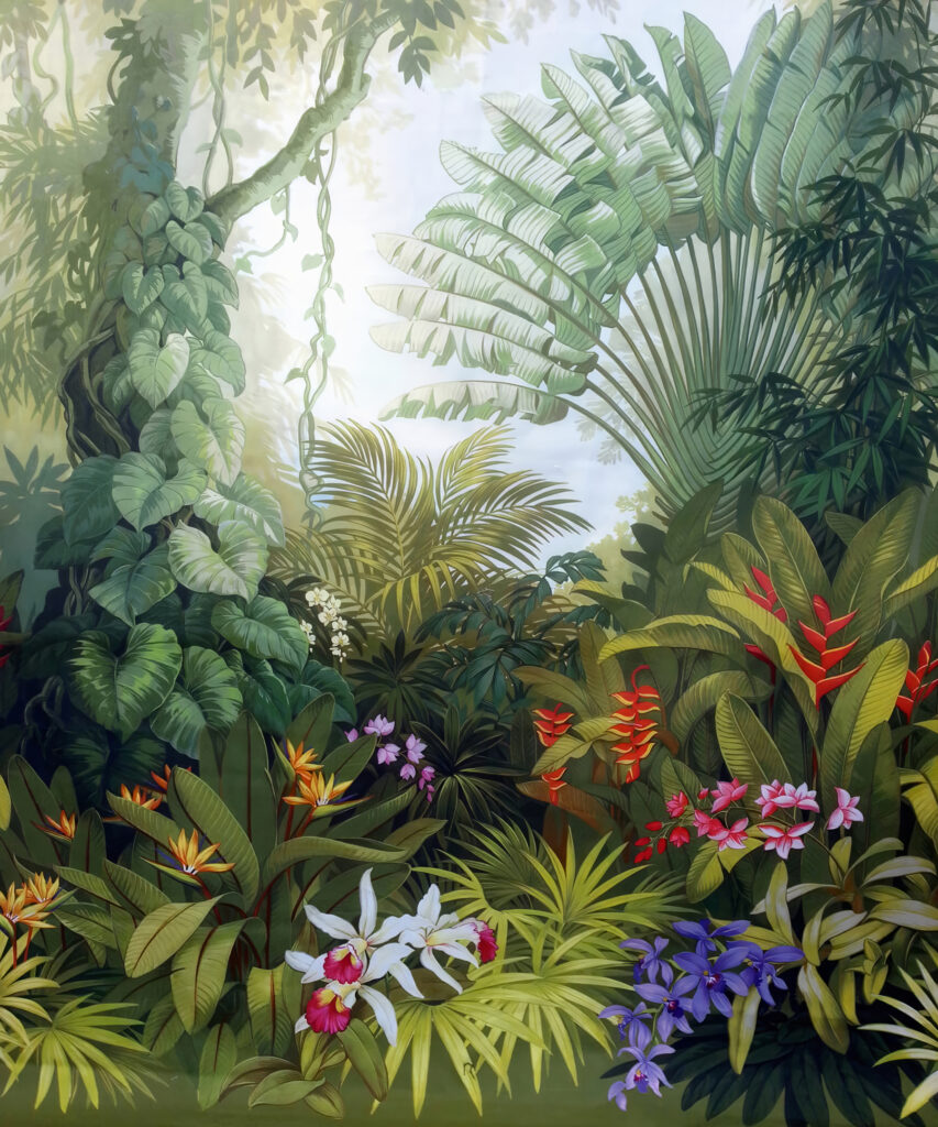 Painting of a forest with flowers