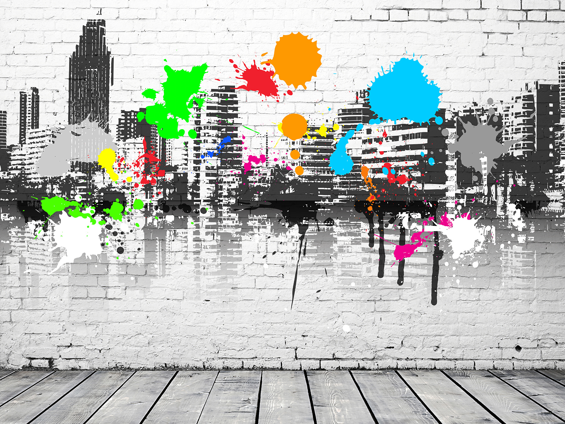 White brick wall with colorful paint splatters White brick wall with colorful paint splatters