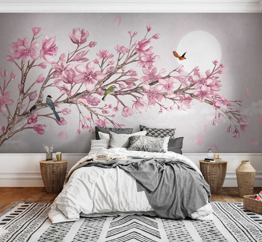 Painting of a branch with pink flowers and birds