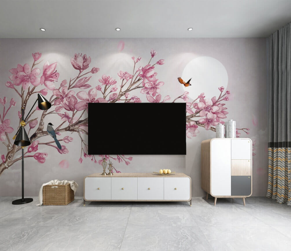Painting of a branch with pink flowers and birds