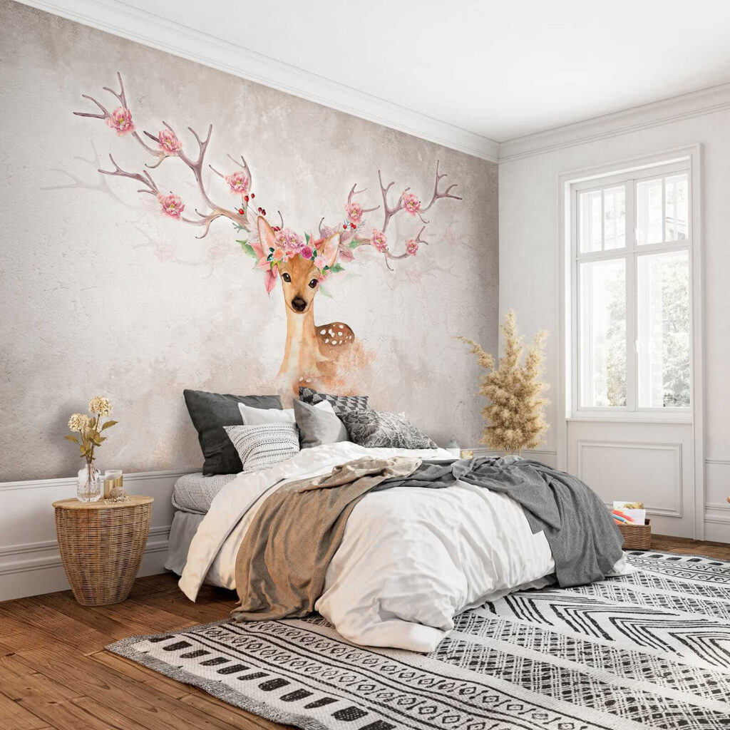 Watercolor of a deer with flowers on horns