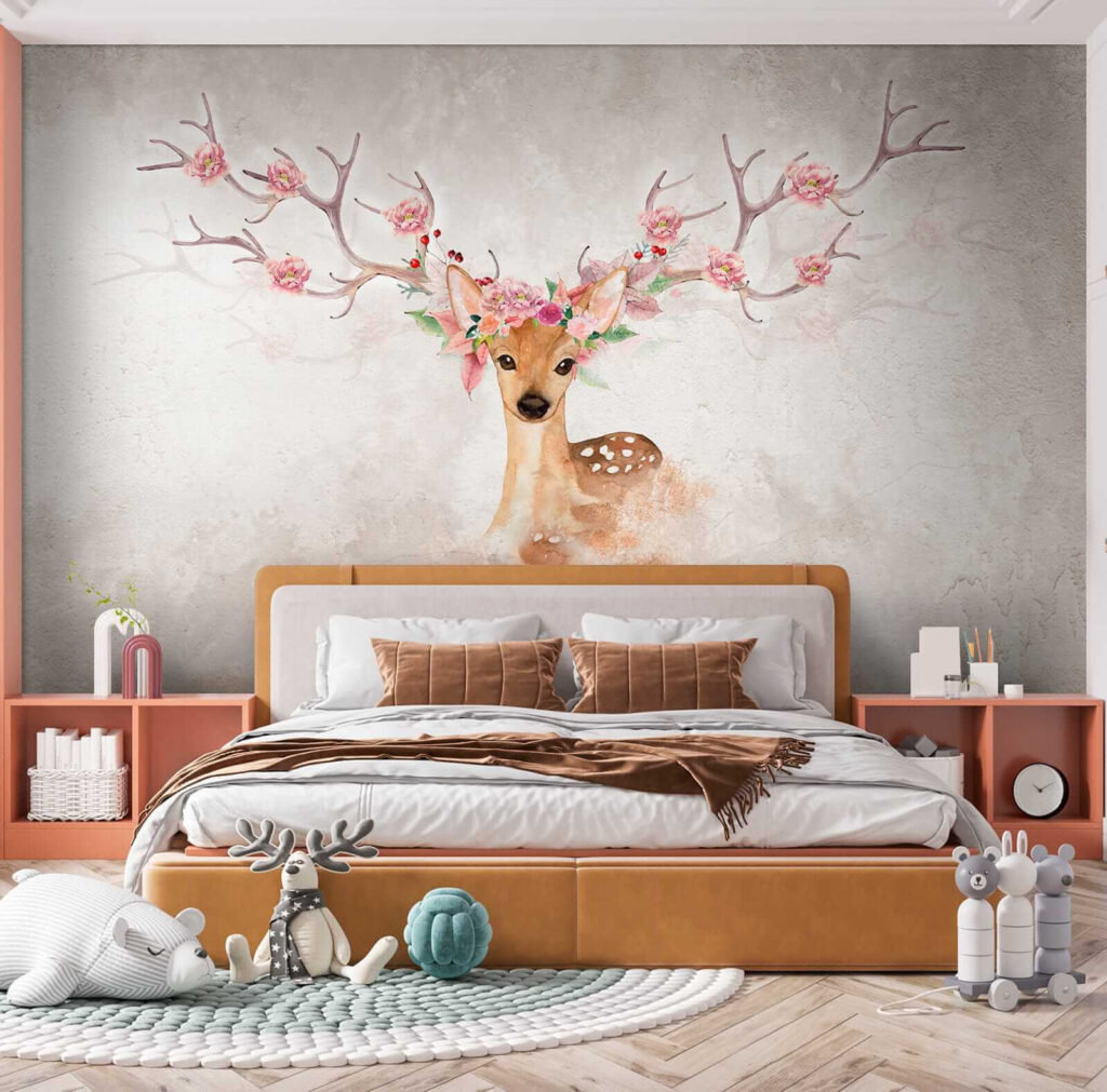 Watercolor of a deer with flowers on horns