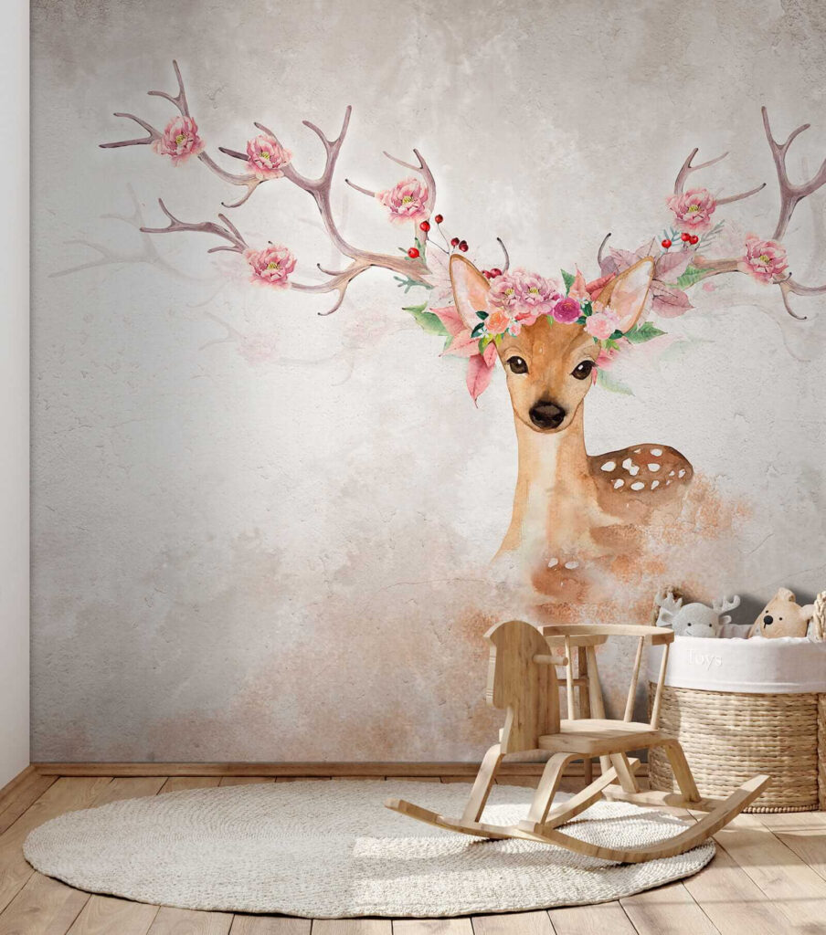 Watercolor of a deer with flowers on horns