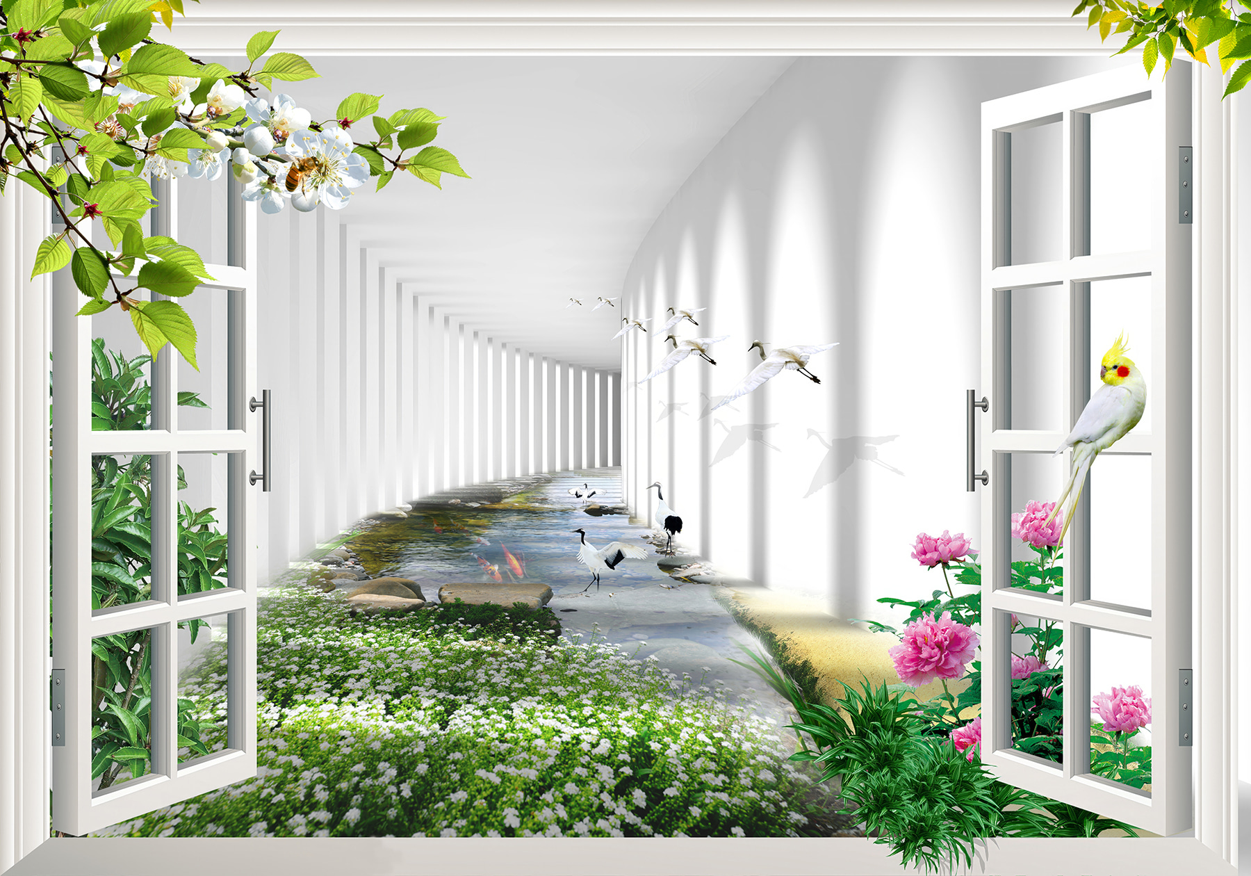 u06326p - Okno s výhledem na rybník a květiny - tegory