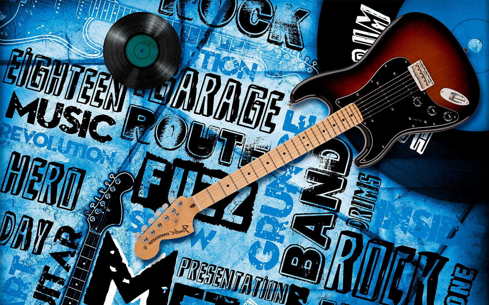 Guitar and record on a blue background