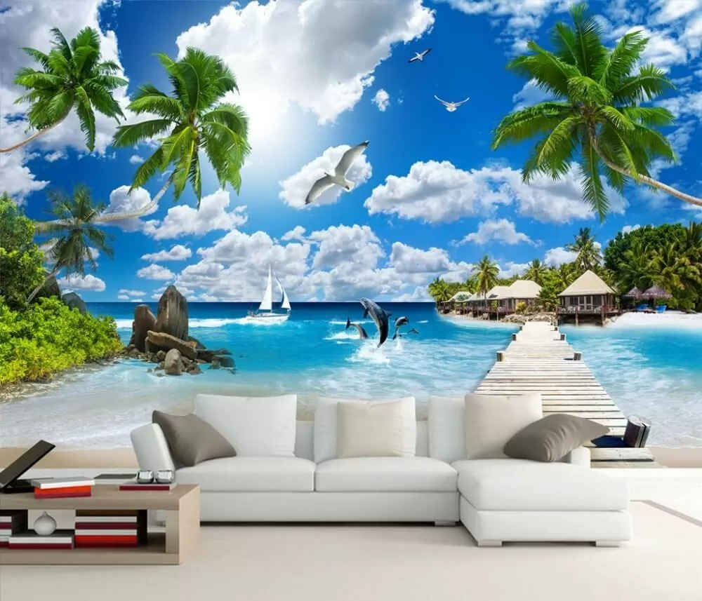 Wooden dock with palm trees and a beach with boats and dolphins Wooden dock with palm trees and a beach with boats and dolphins