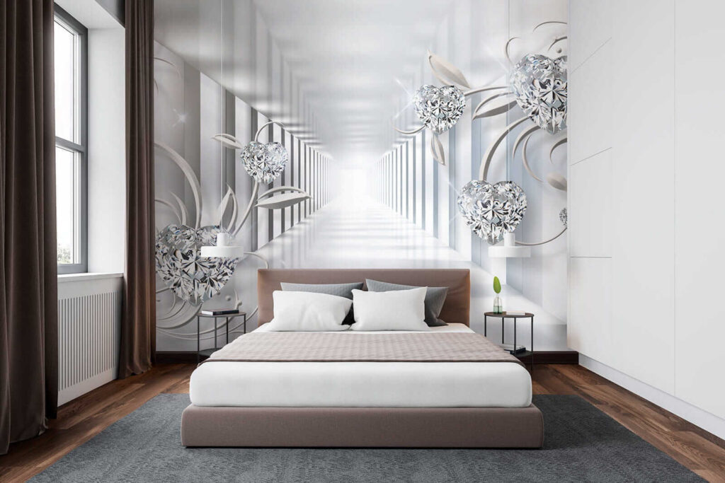 White hallway with diamonds and flowers