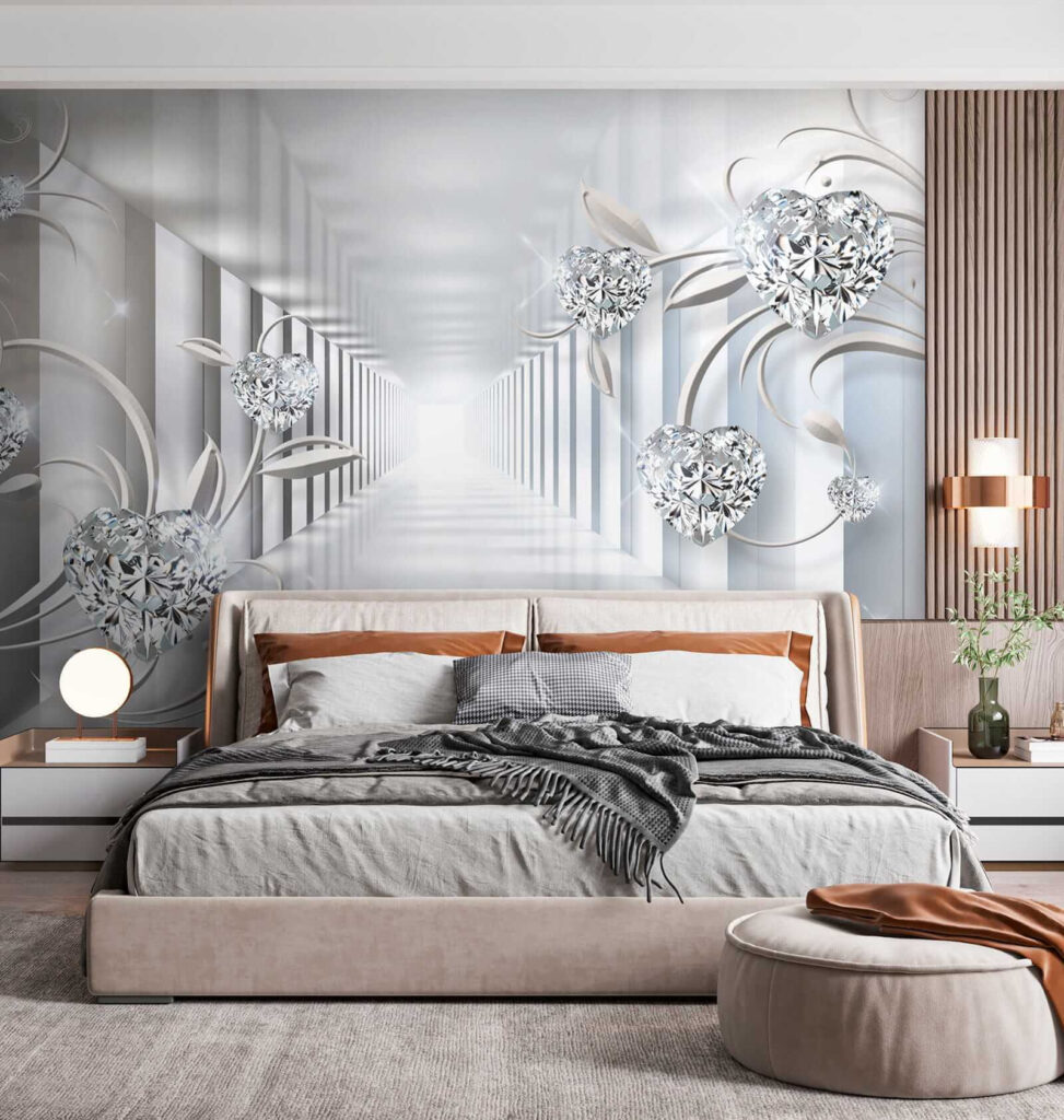 White hallway with diamonds and flowers