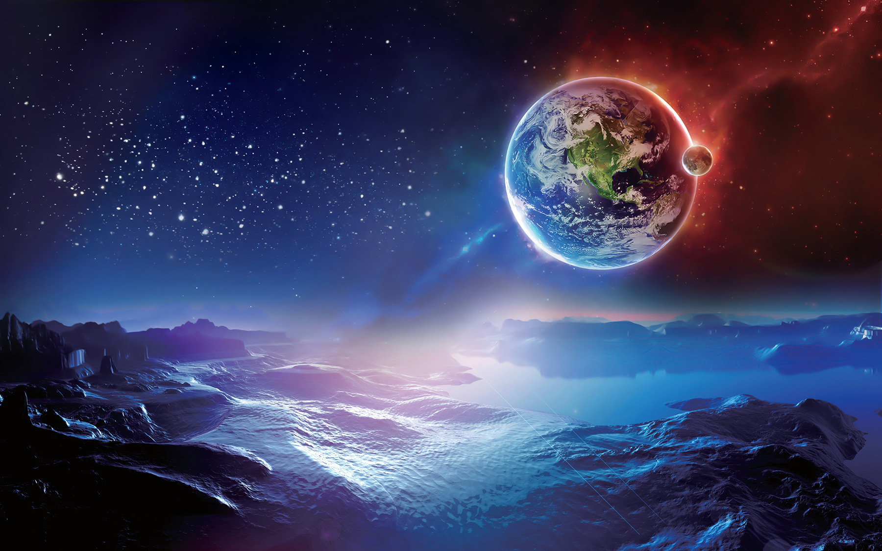 Planet earth and a moon in space