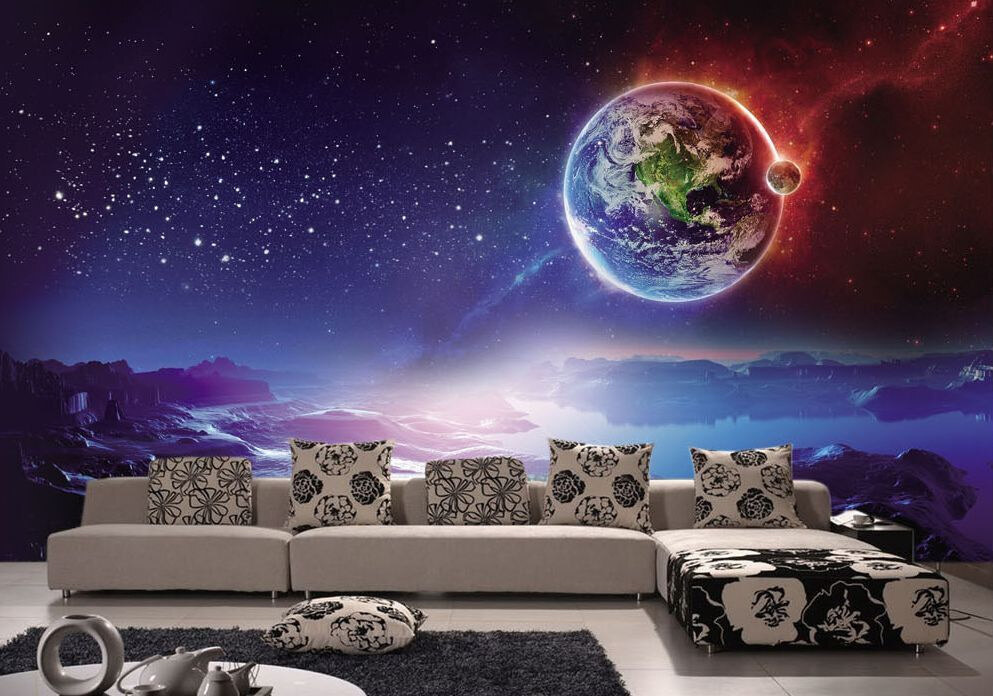 Planet earth and a moon in space