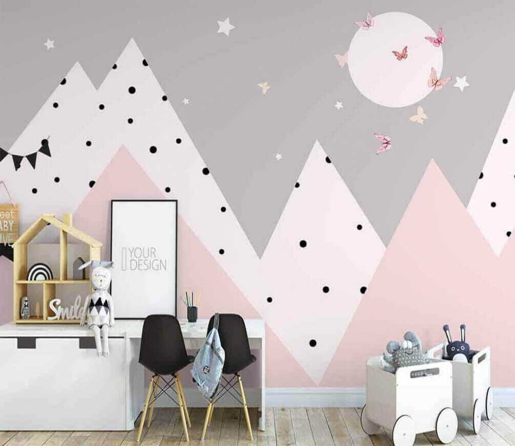 Pink and grey mountains with butterflies
