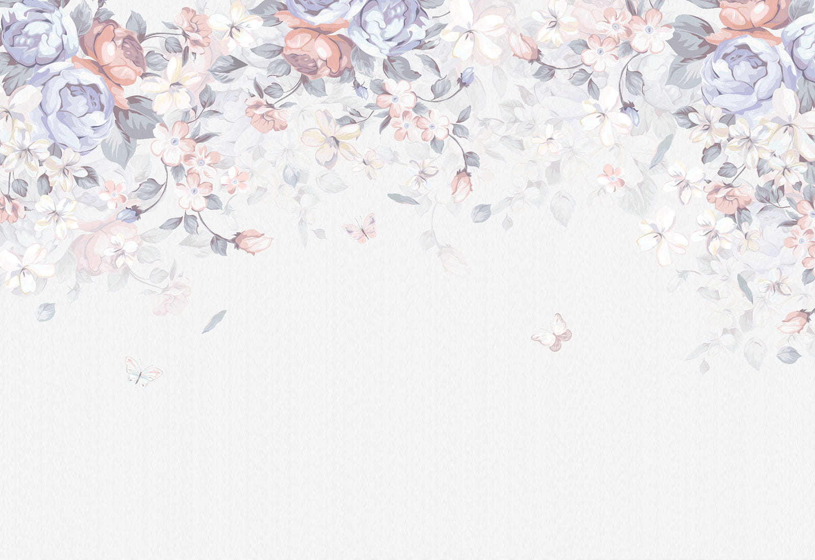 White background with flowers and butterflies