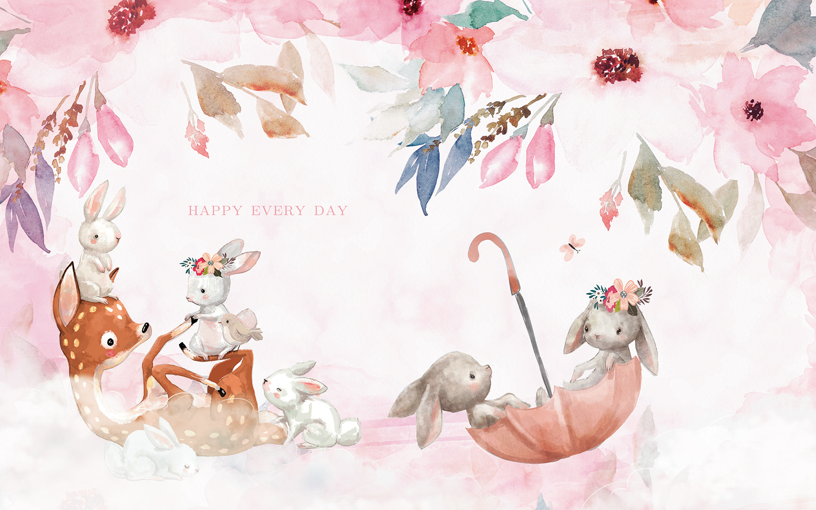 Group of bunnies in an umbrella