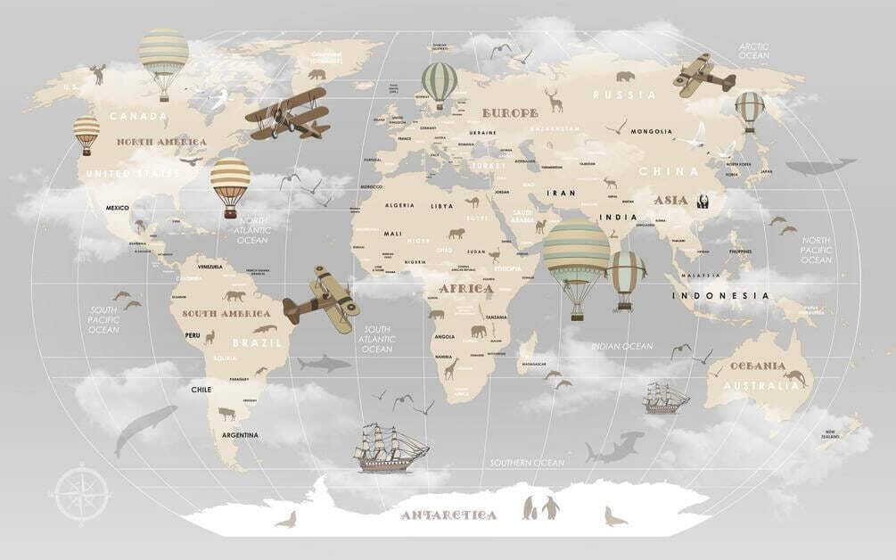 Mapa světa s letadly a horkovzdušnými balóny Mapa světa s letadly a horkovzdušnými balóny