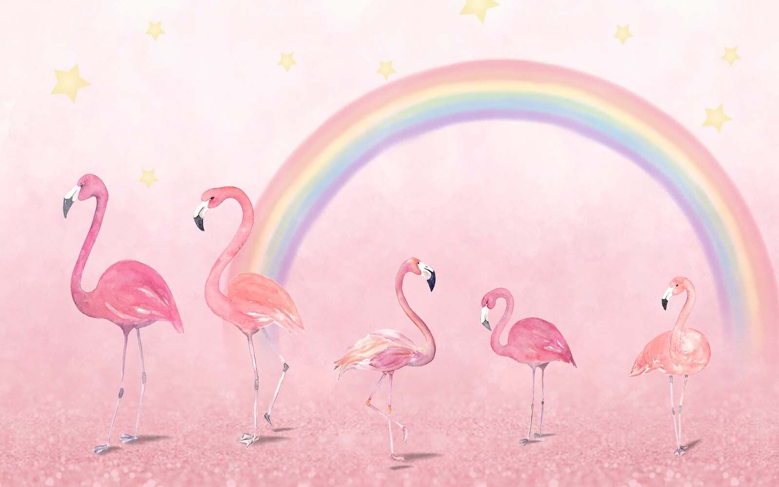 Group of flamingos with a rainbow