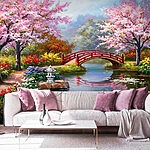 Fototapeta Obraz rybníka s mostem a květinami