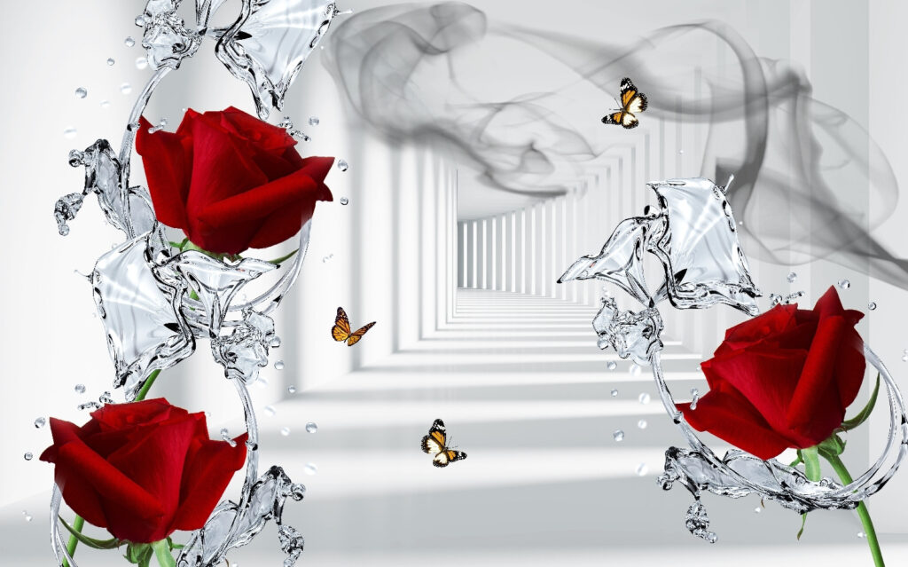 Red roses and butterflies in a glass