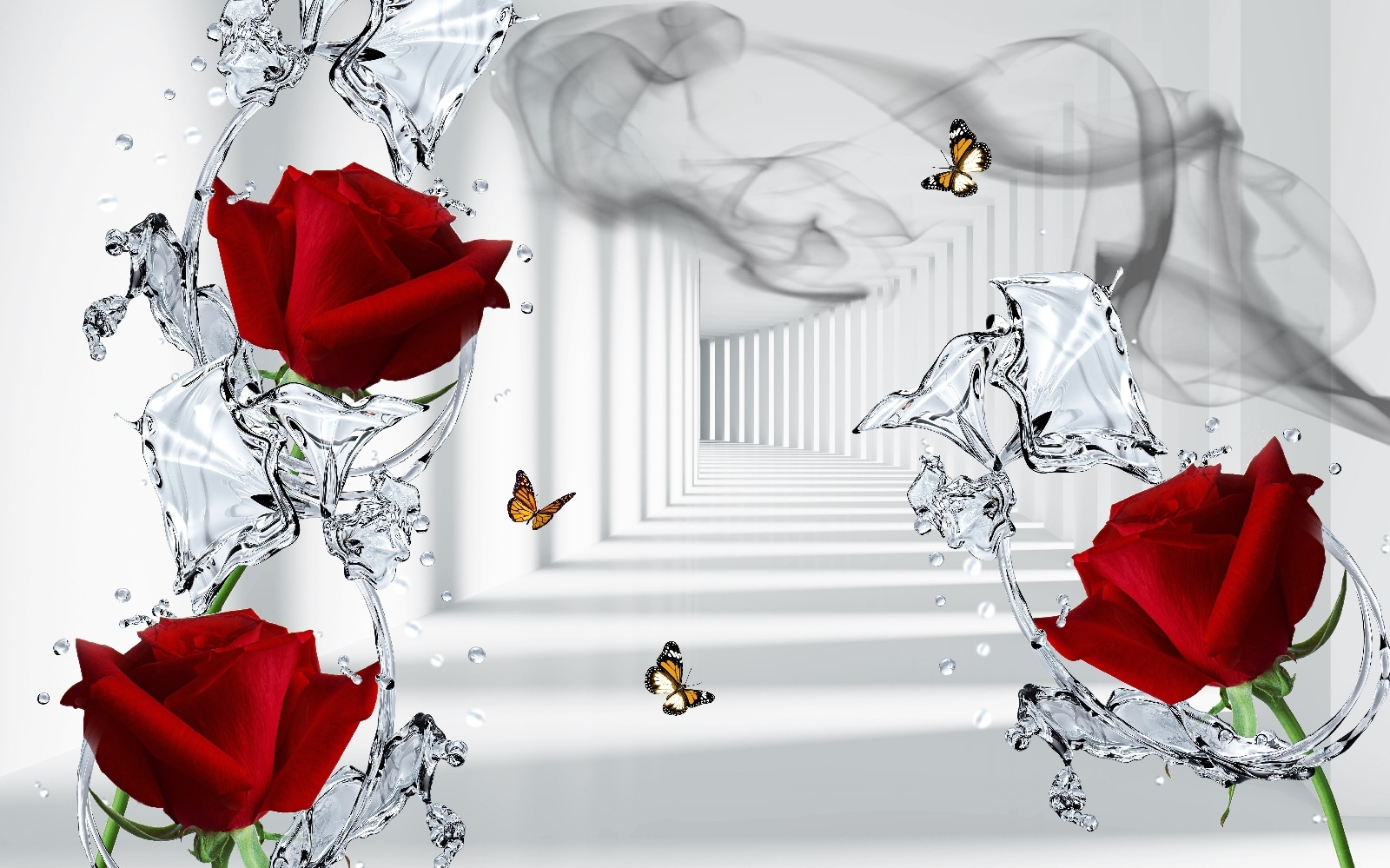 Red roses and butterflies in a glass