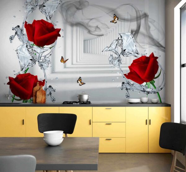 Red roses and butterflies in a glass