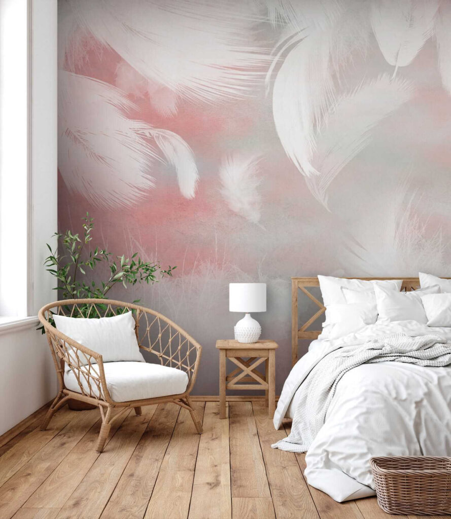 White feathers on a pink background