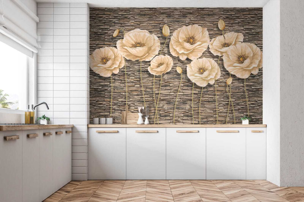 Group of flowers on a brick wall Group of flowers on a brick wall