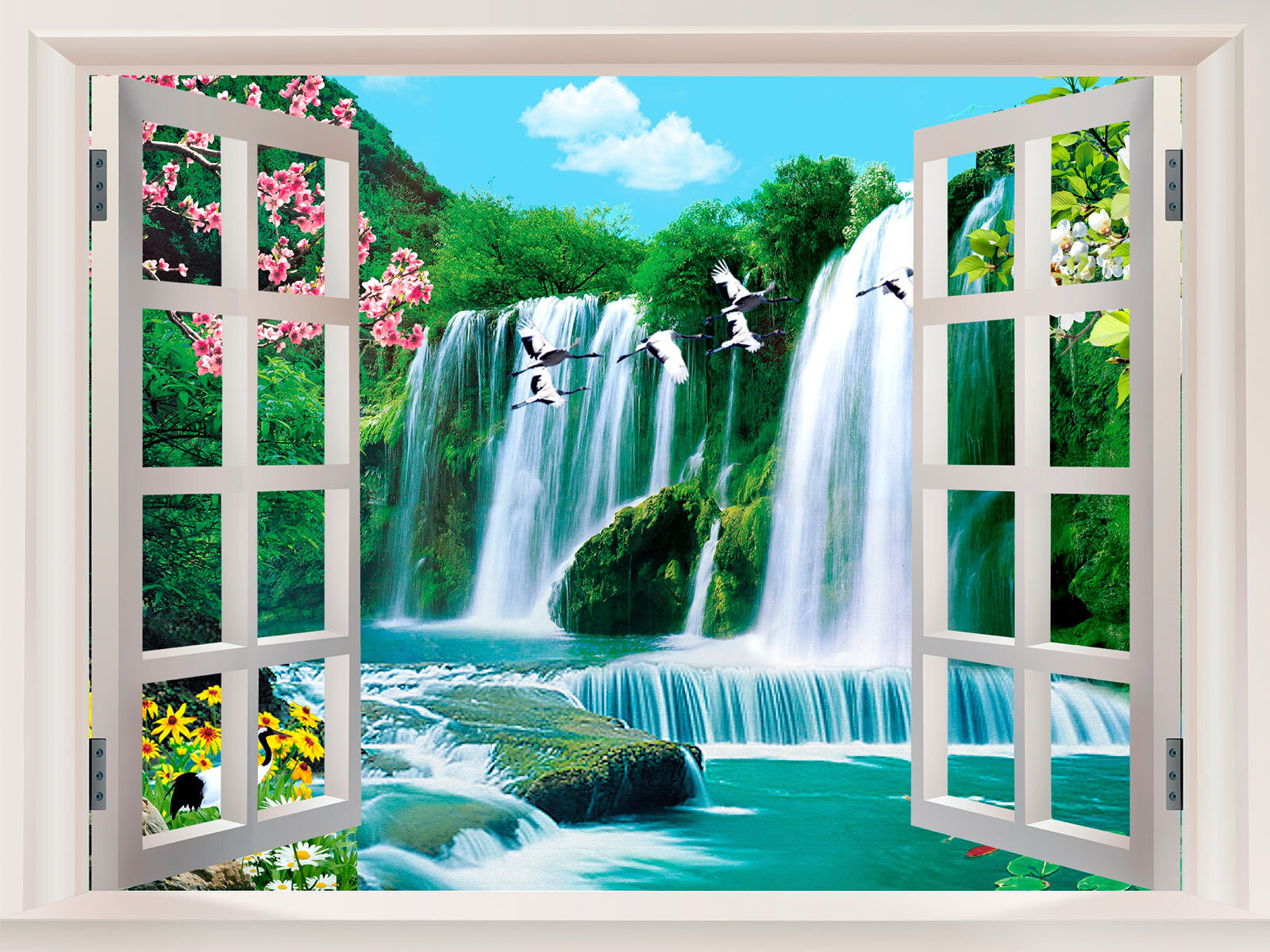 Window with a waterfall and birds flying through it Window with a waterfall and birds flying through it