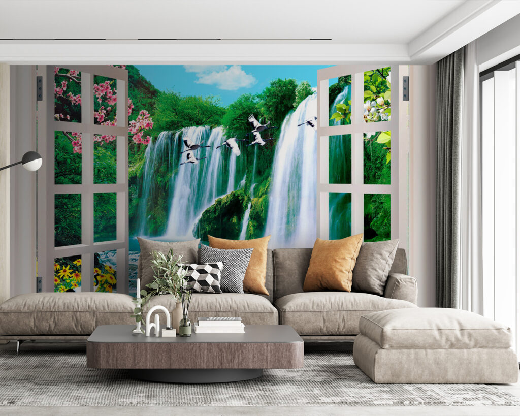 Window with a waterfall and birds flying through it Window with a waterfall and birds flying through it