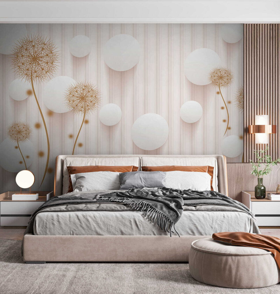 White circles and dandelions on a white background White circles and dandelions on a white background