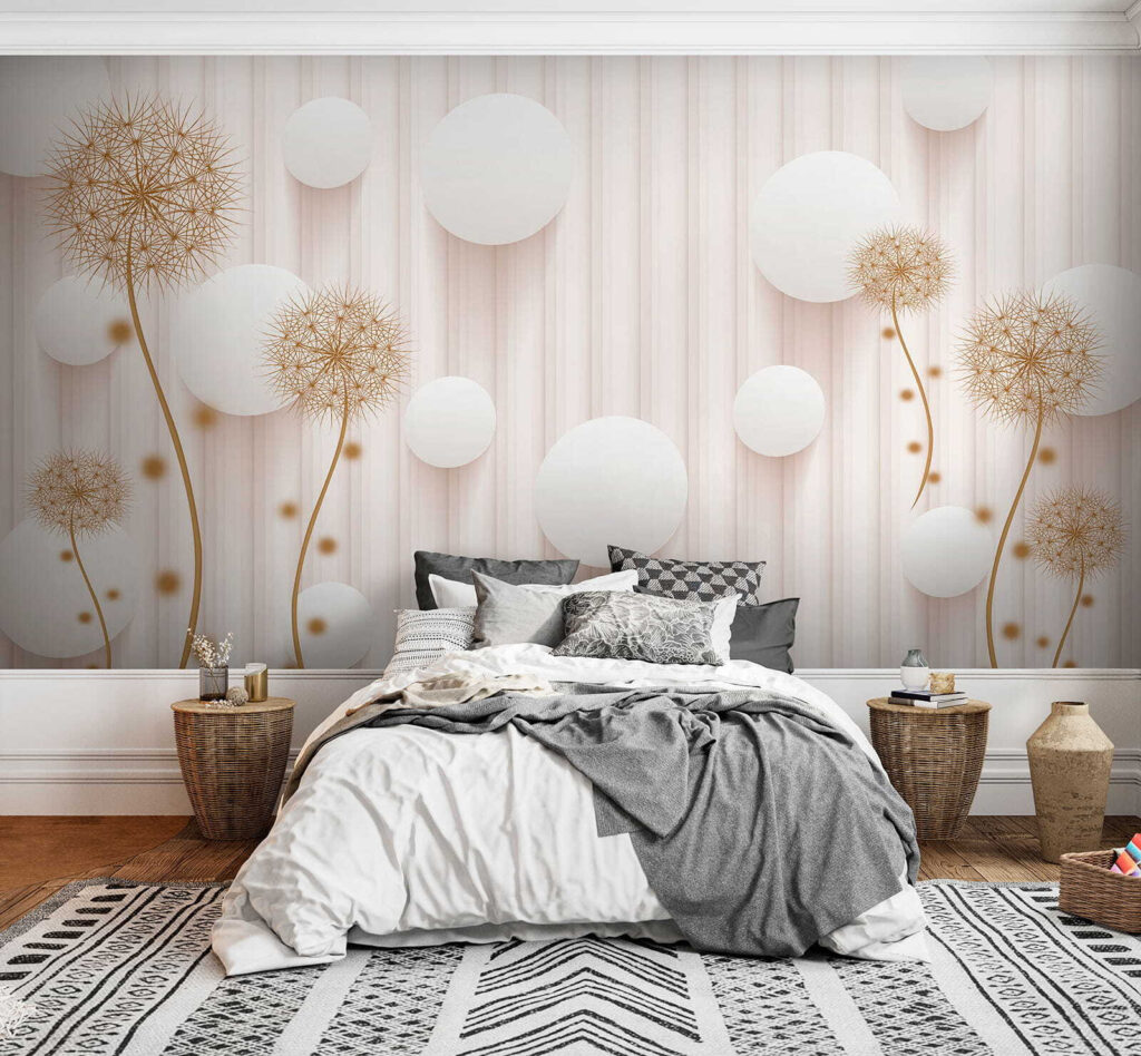 White circles and dandelions on a white background White circles and dandelions on a white background