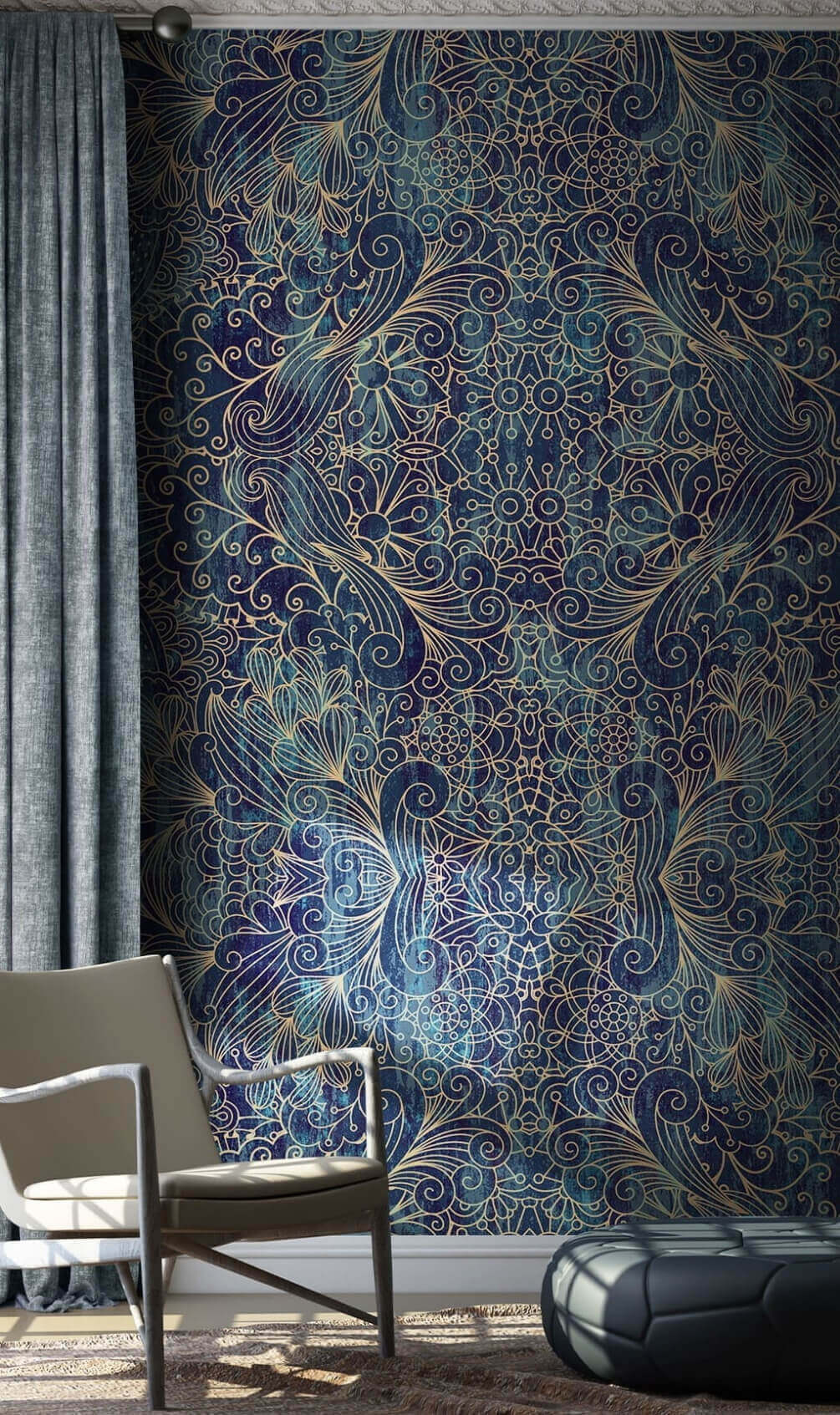 Intricate blue symmetrical floral design