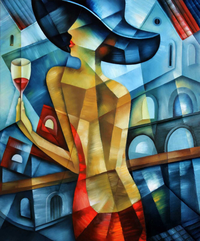 Painting of a woman holding a glass of wine