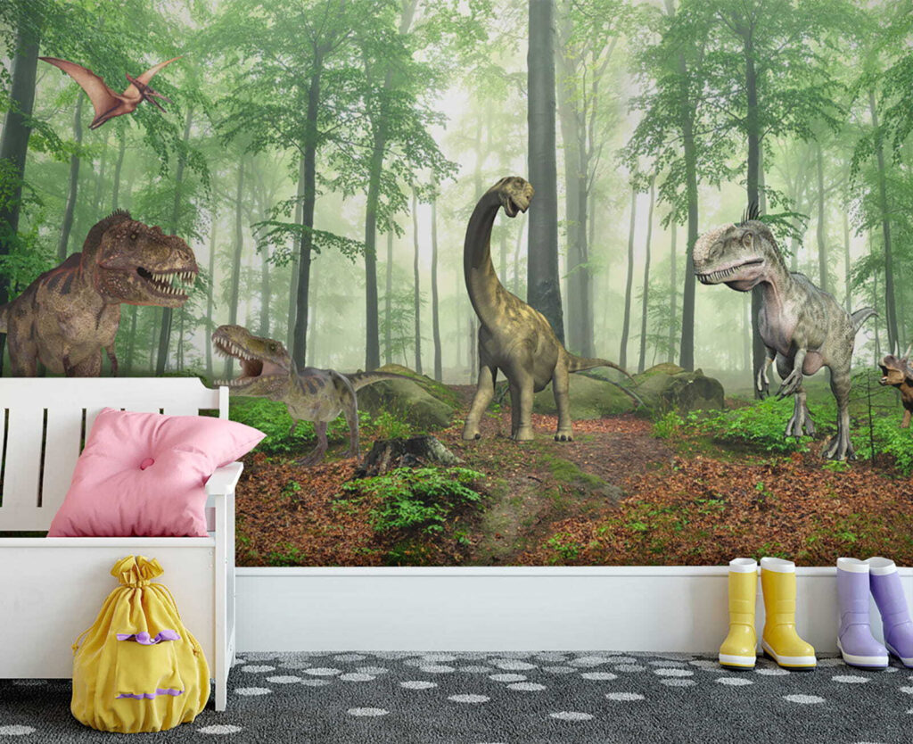 Group of dinosaurs in a forest