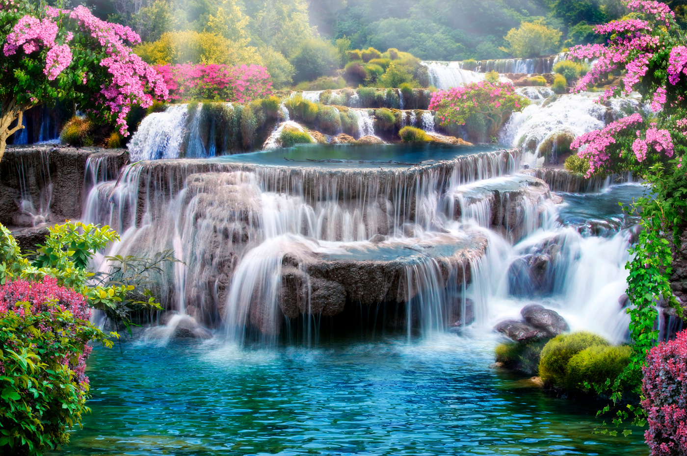 Waterfall with flowers and trees
