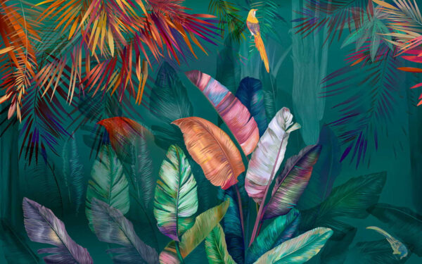 Colorful tropical leaves and birds