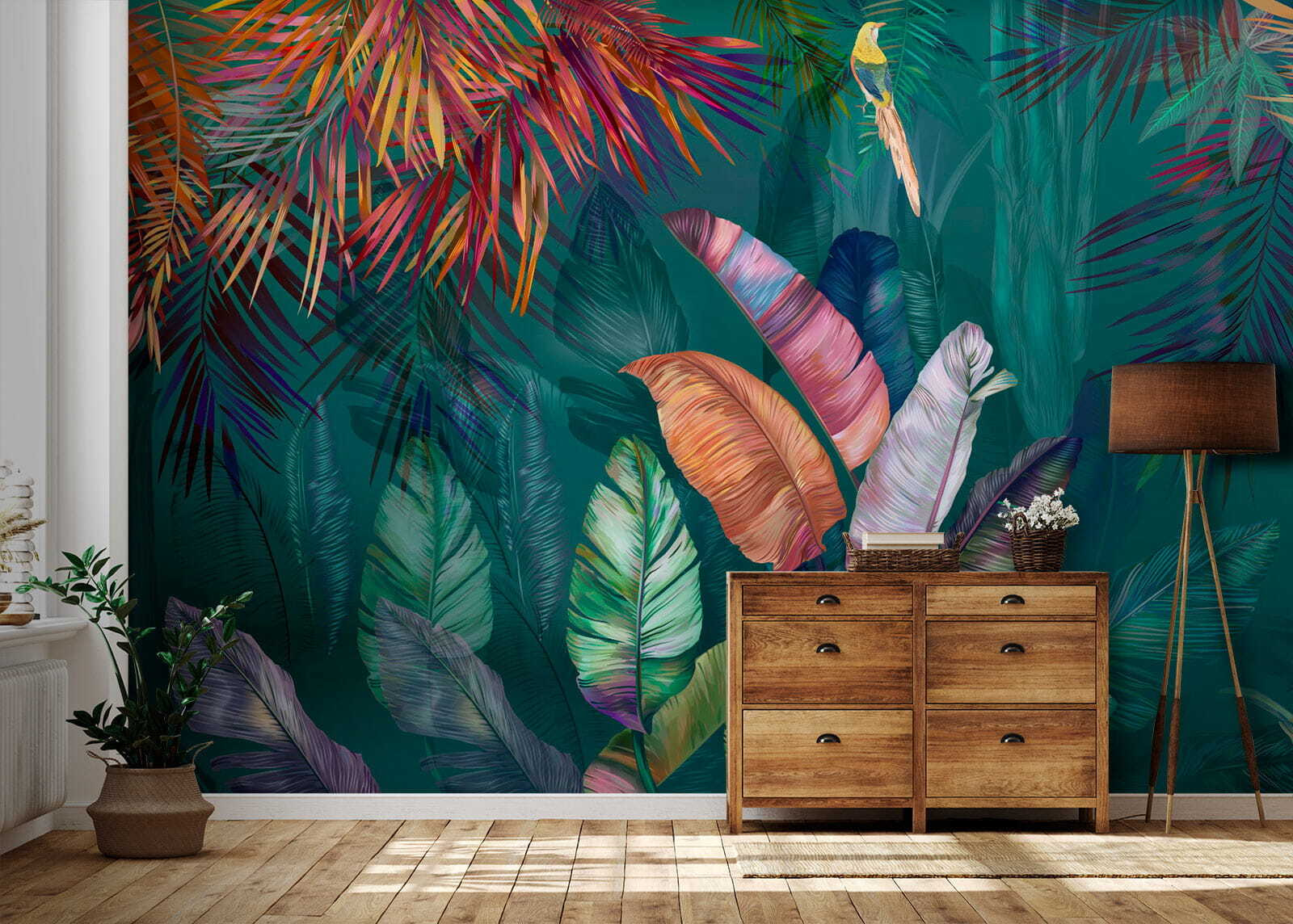 Colorful tropical leaves and birds