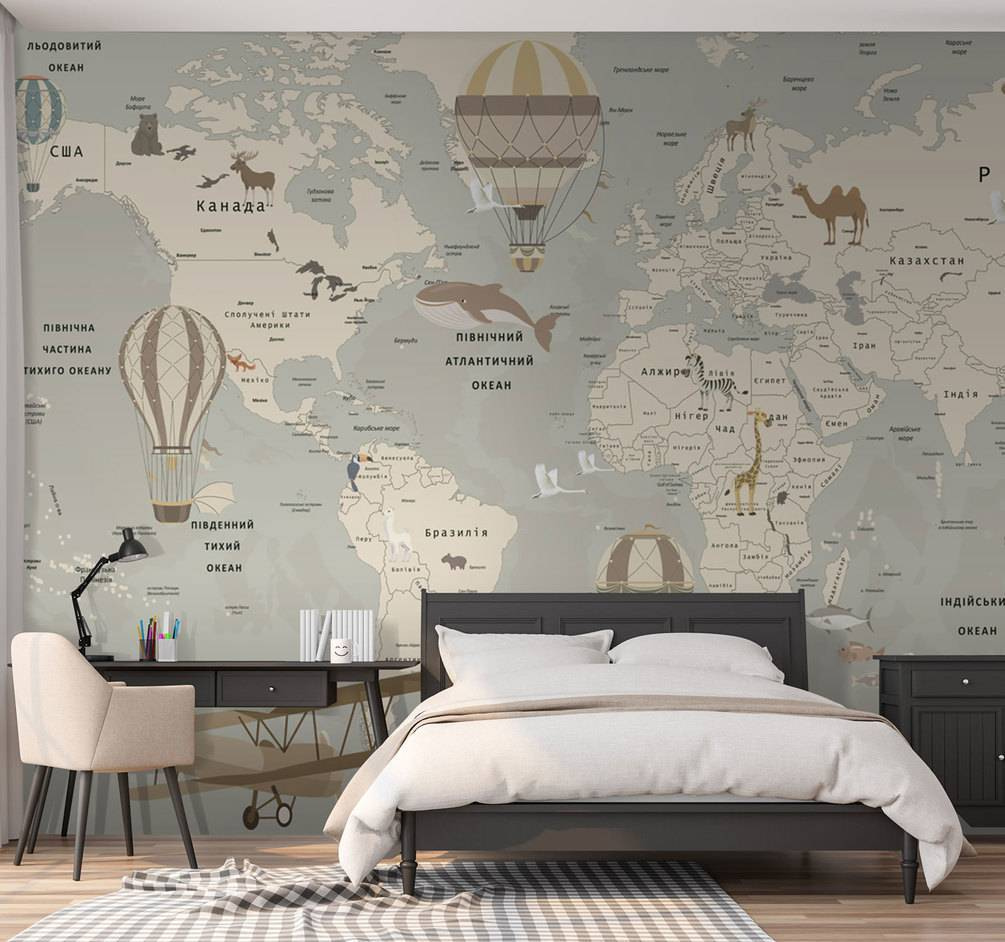Map of the world with airplanes and animals
