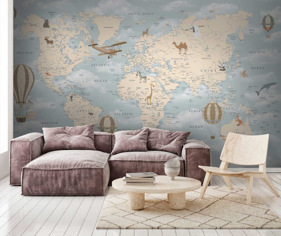 Mapa světa s různými zvířaty a ptáky Mapa světa s různými zvířaty a ptáky