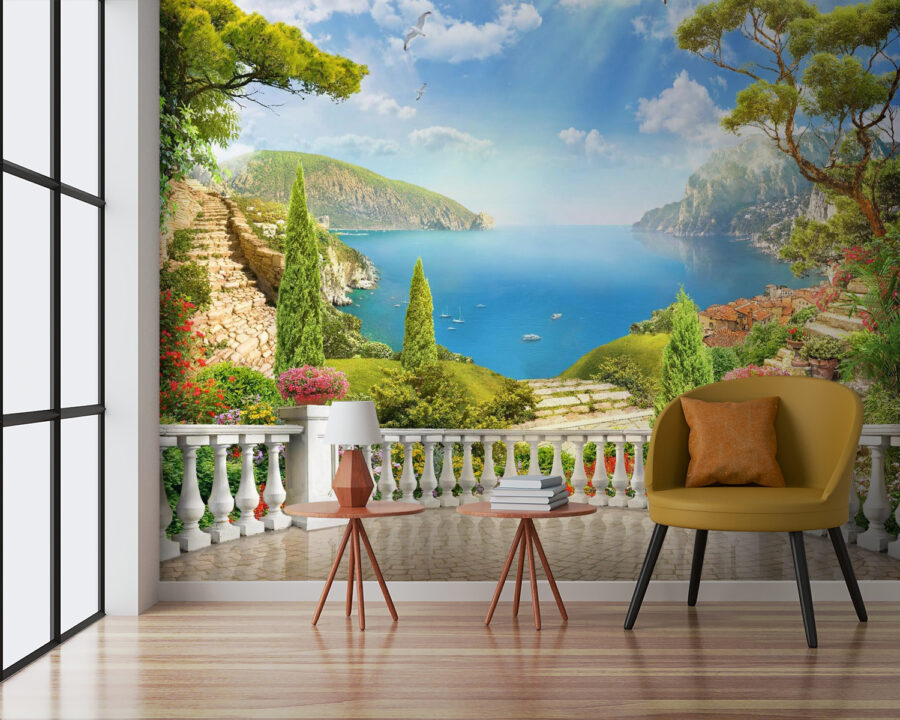 Fototapeta Balkon s výhledem na jezero a stromy - Image 2