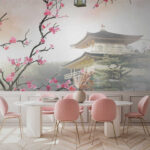 Fototapeta Strom s růžovými květy a budovou v pozadí