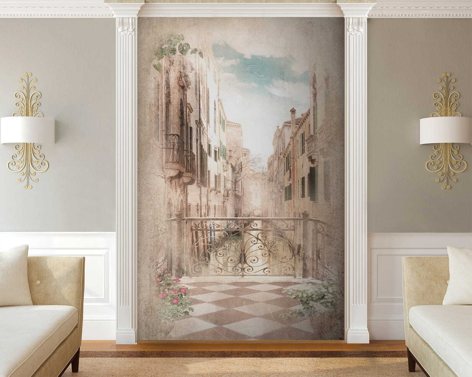 Bridge over a canal between buildings