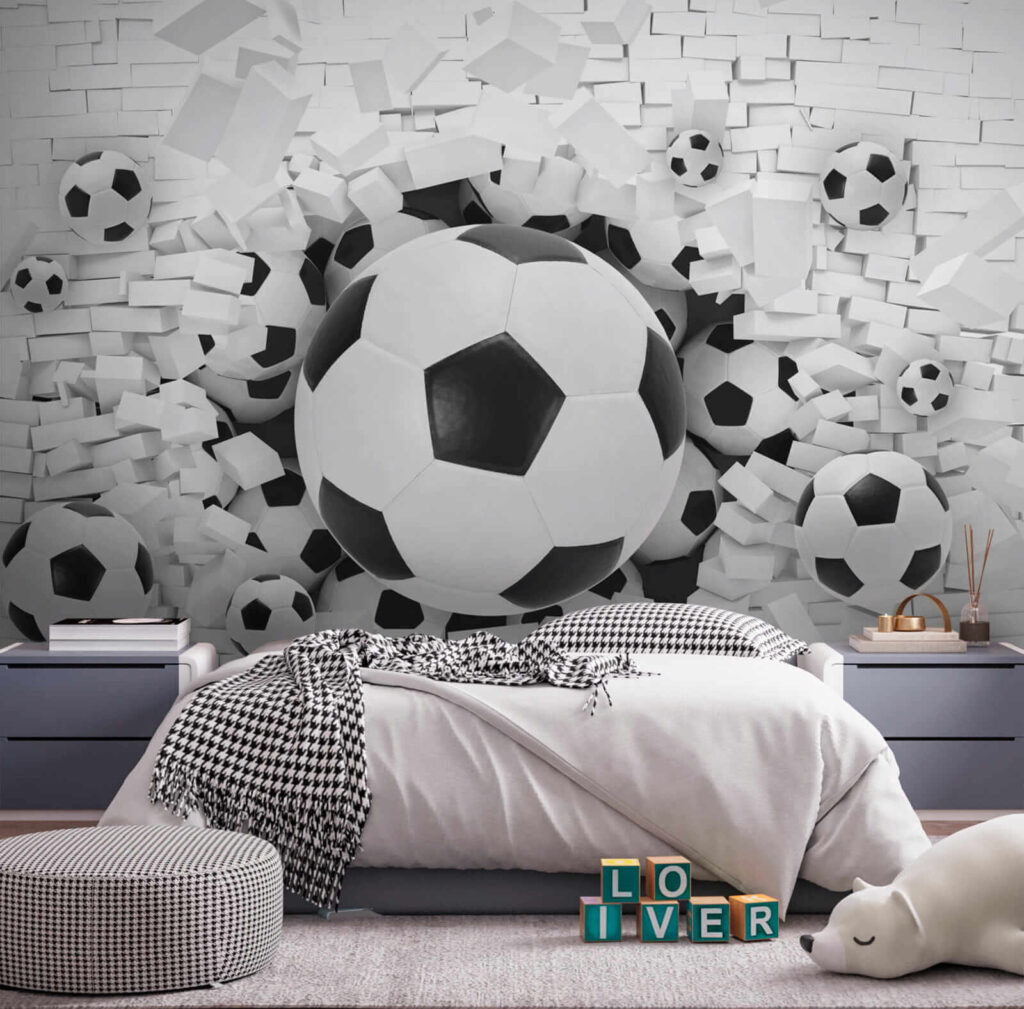 Group of football balls in a pile of bricks