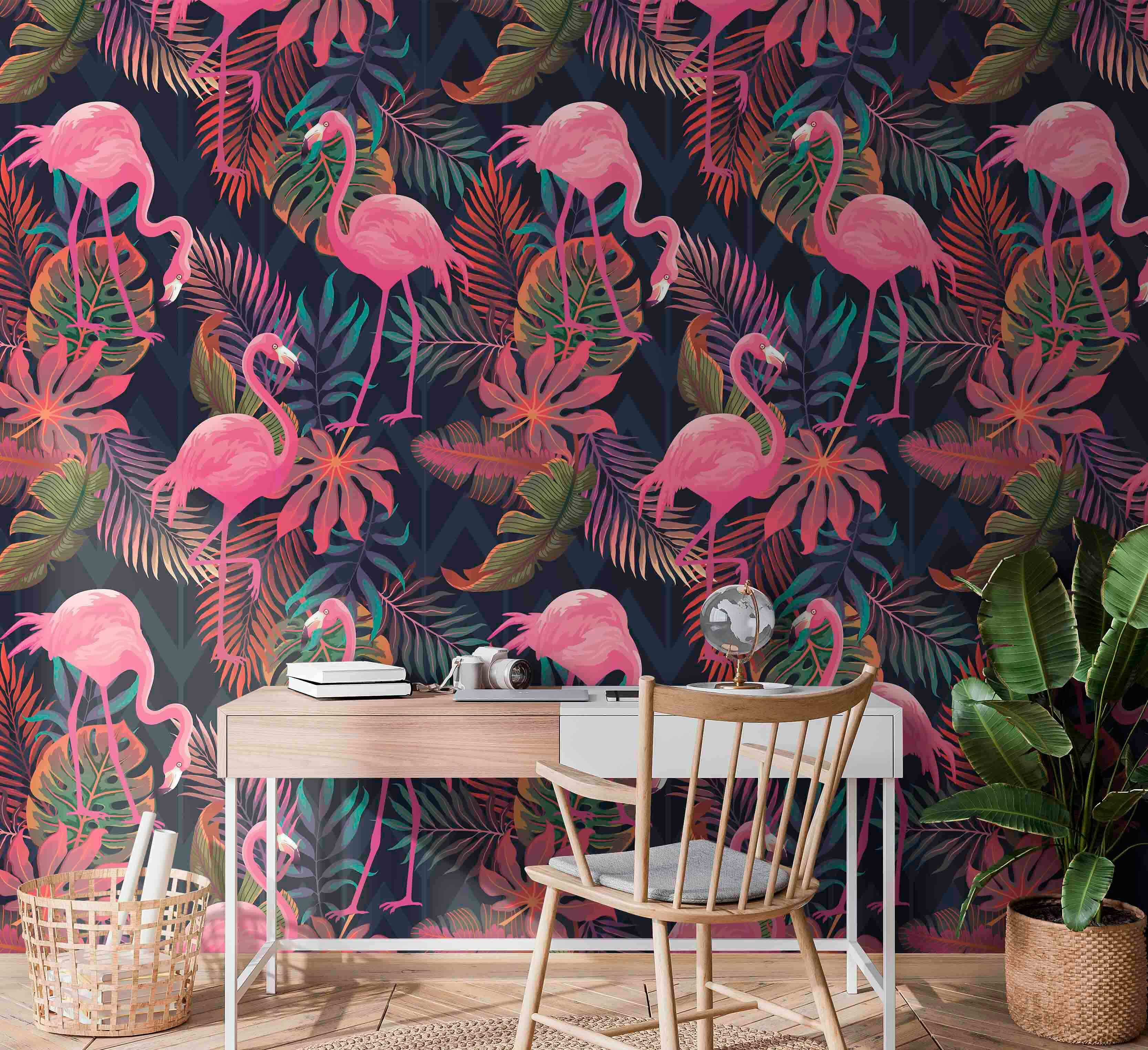 A pattern of pink flamingos and leaves A pattern of pink flamingos and leaves