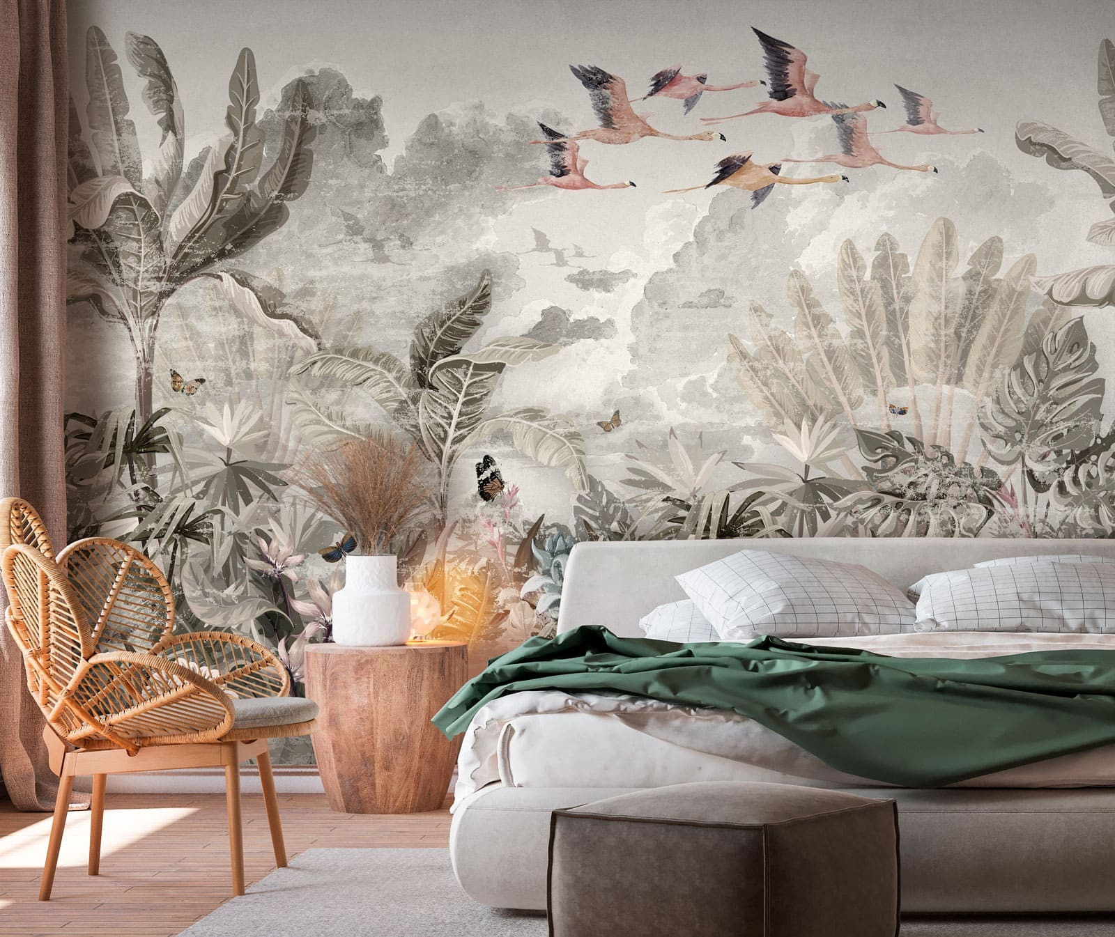 Mural of birds flying over a forest